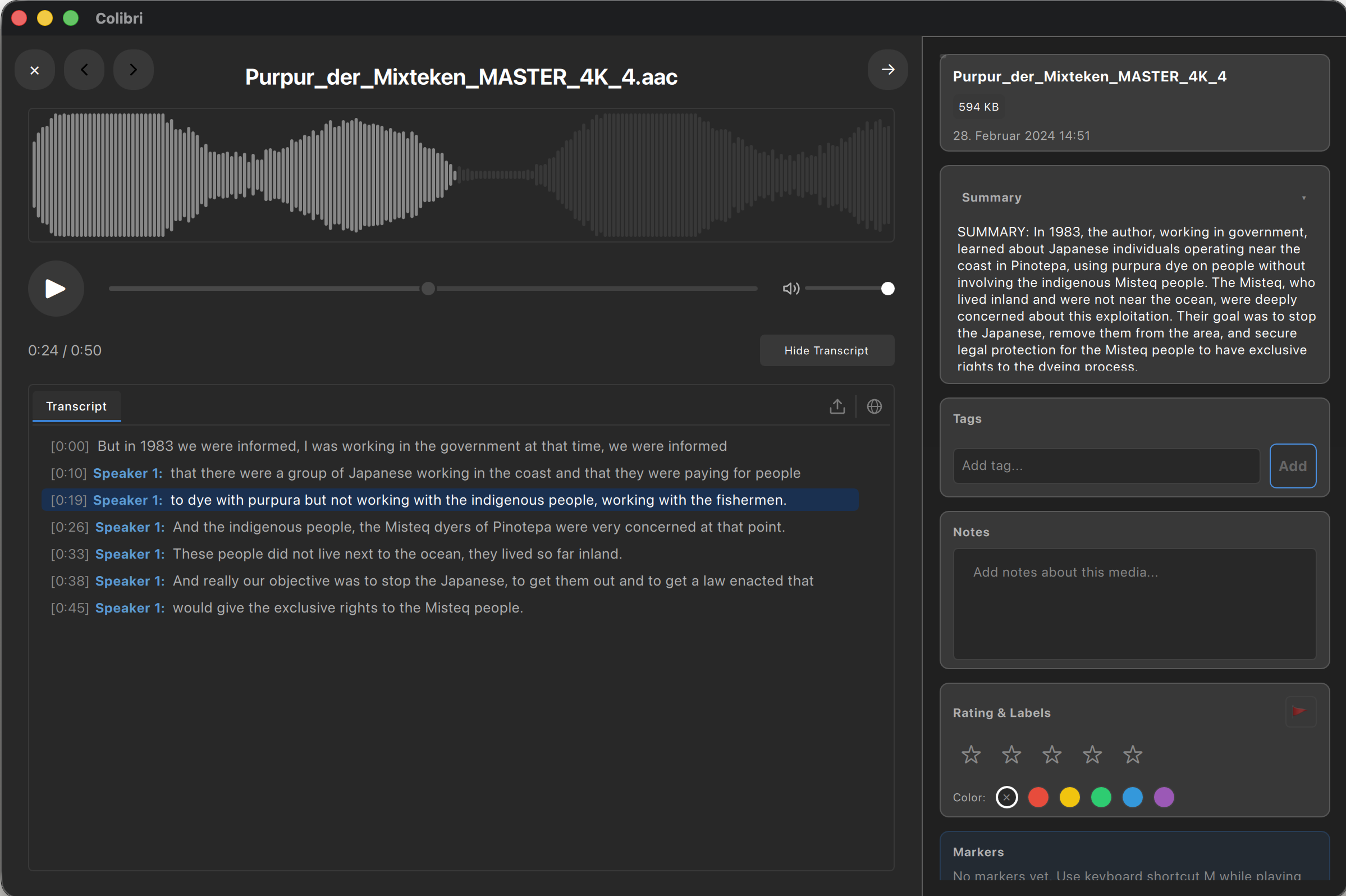 Audio analysis with waveform, transcript, timestamps