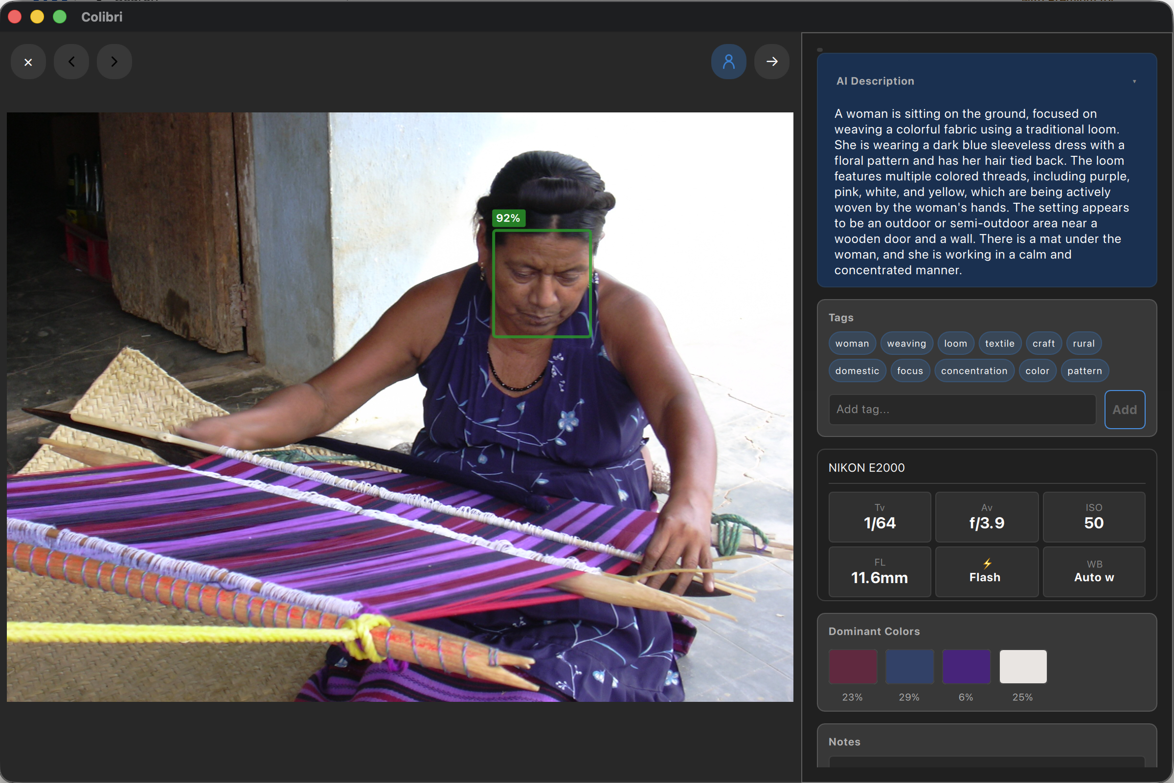 Image analysis with face recognition, AI description, quality scores